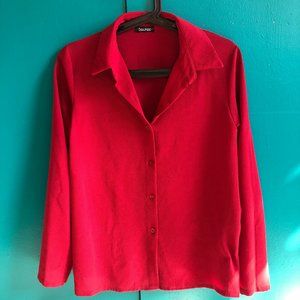 Red long sleeved button front collared blouse
